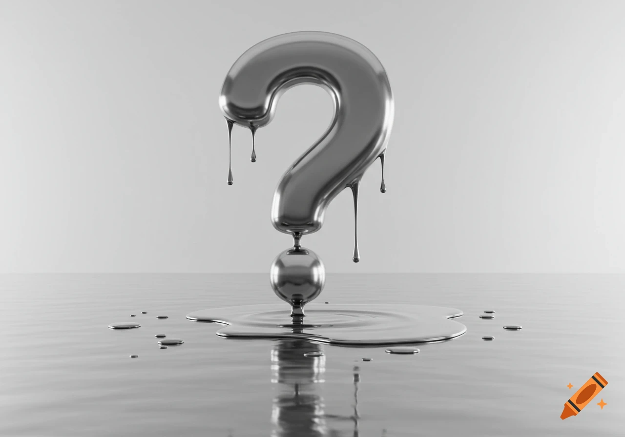 A silver metallic question mark melting and dripping onto a reflective surface, creating ripples and puddles, in a minimalist white room.