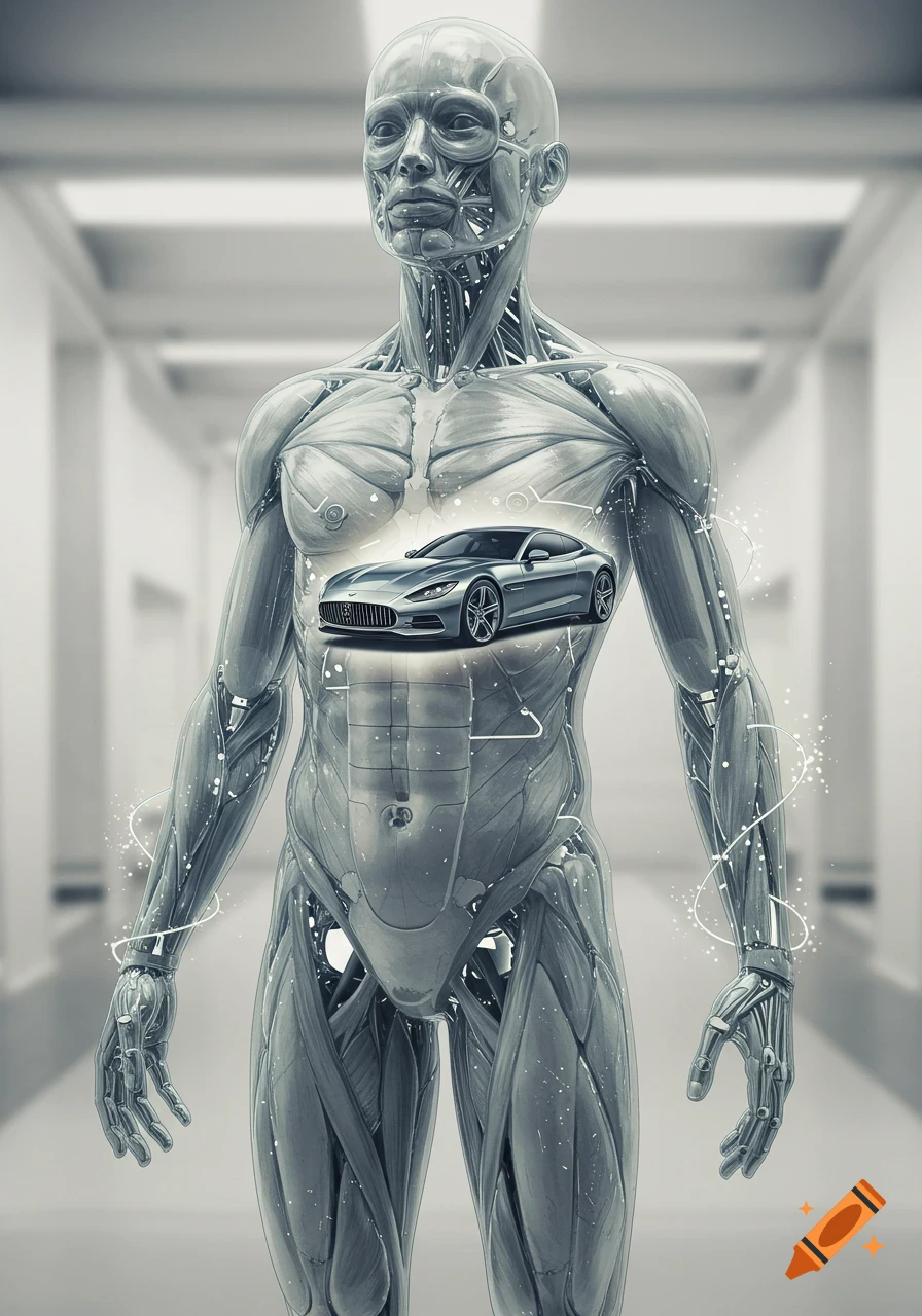 A monochrome anatomical human figure with a silver sports car inside its chest, surrounded by glowing lines, in a futuristic setting.