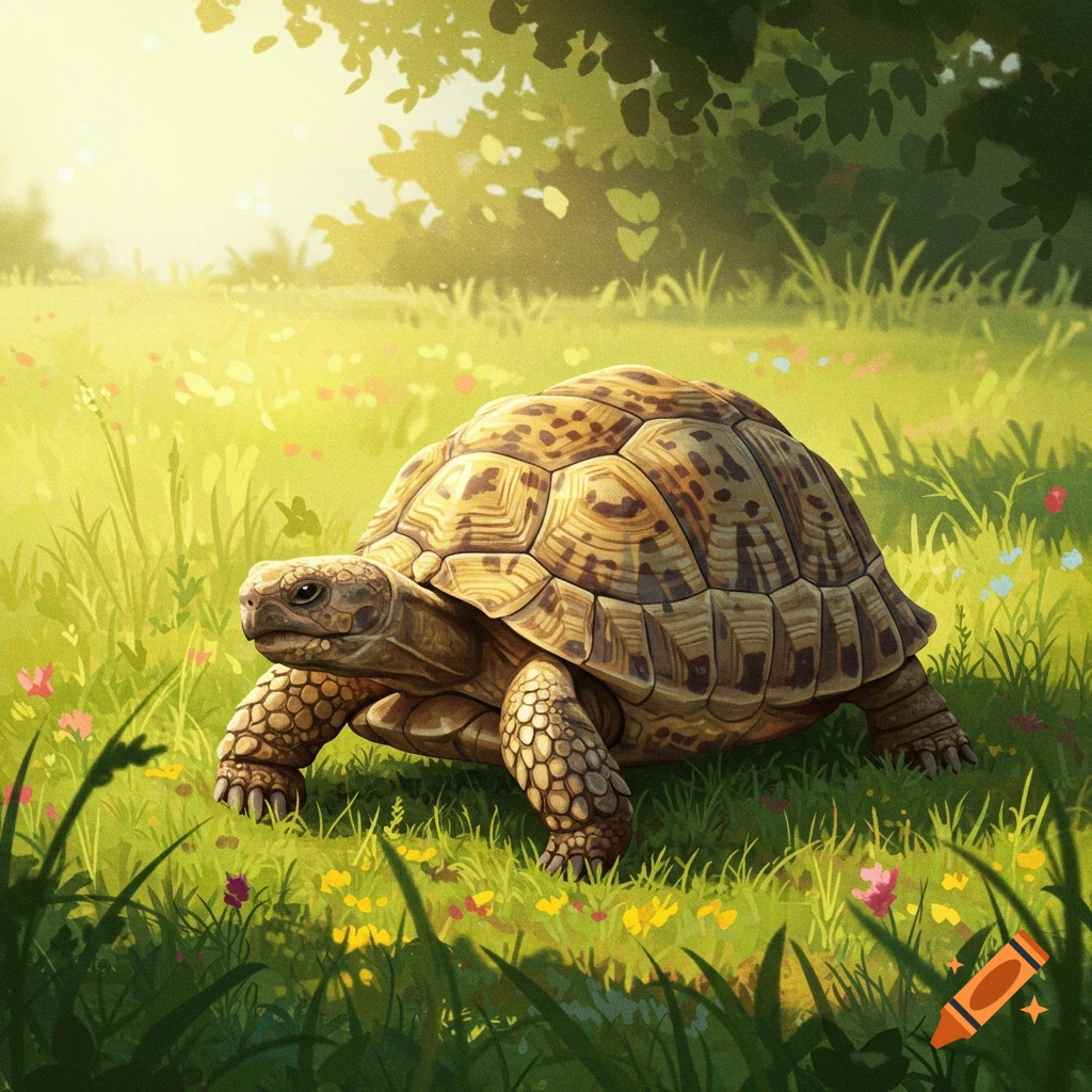 A detailed illustration of a tortoise walking through a sunny, green field with small wildflowers.