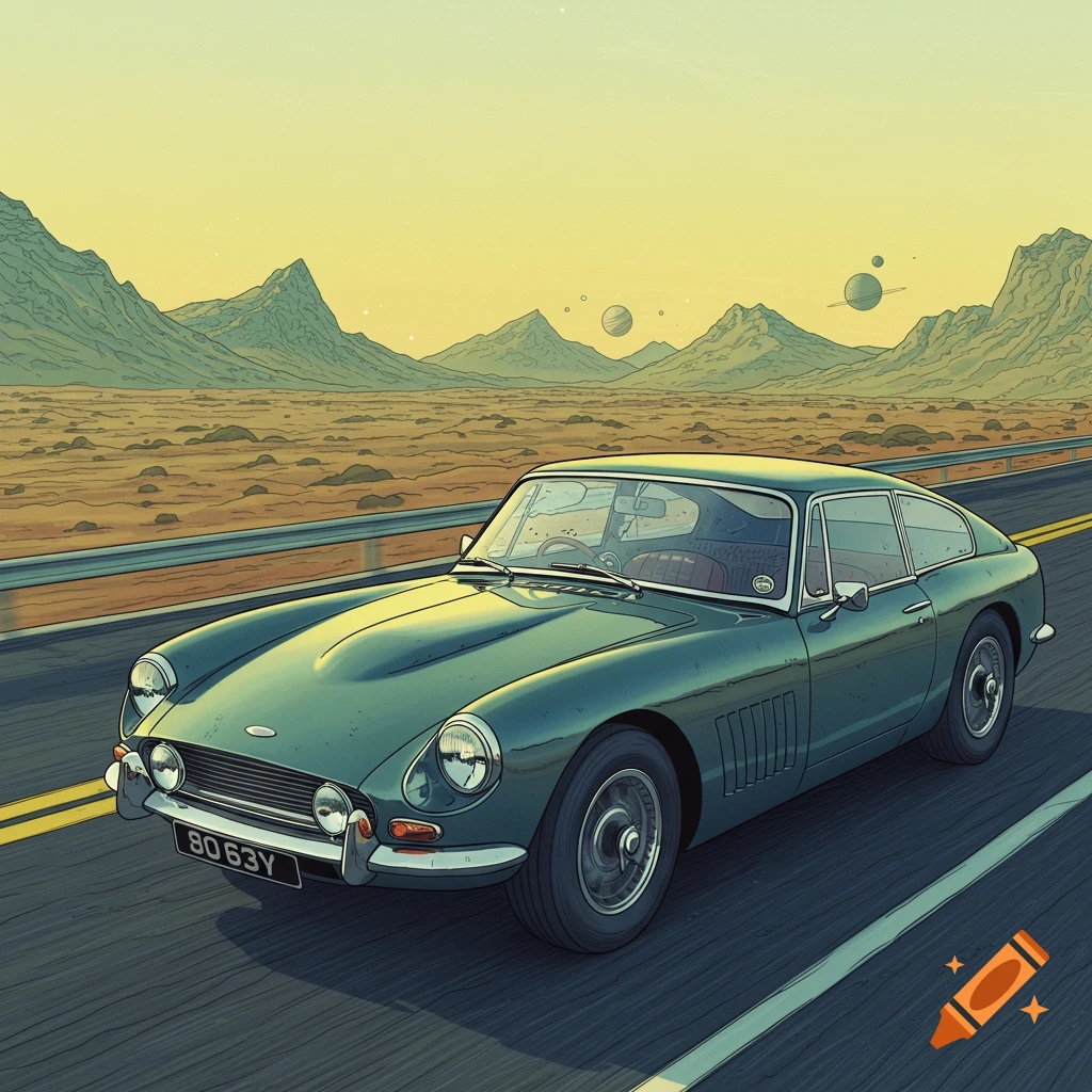 Green classic sports car on a desert road with mountains and distant planets, in a Moebius-like comic art style.