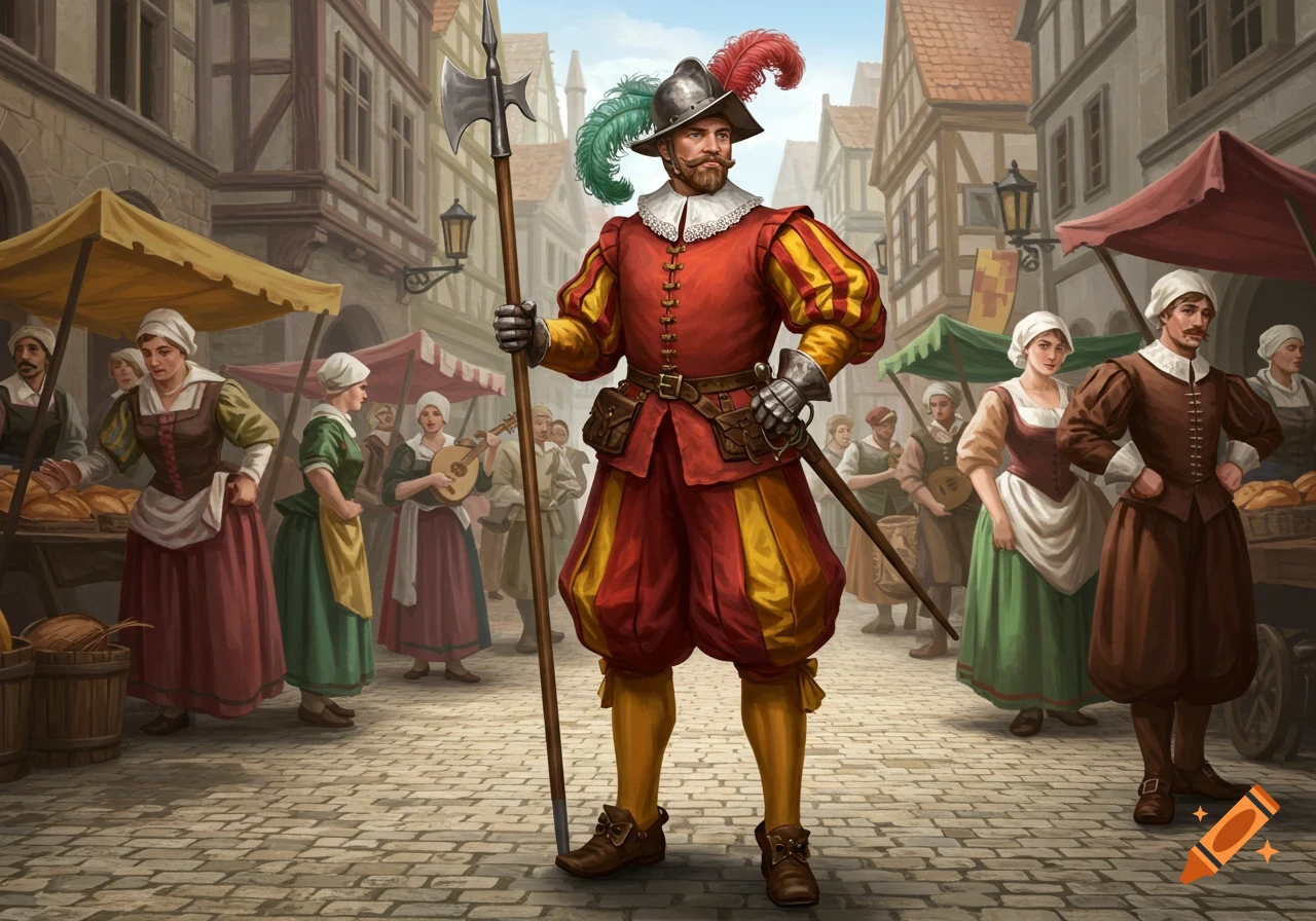 A German Landsknecht soldier in a red and yellow uniform holding a halberd stands in a bustling medieval market.