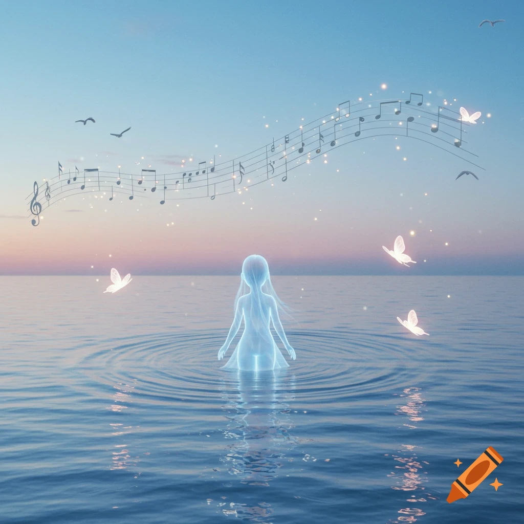 An ethereal, translucent figure rises from a calm ocean at twilight, with glowing musical notes, butterflies, and birds in a surreal, painterly style.