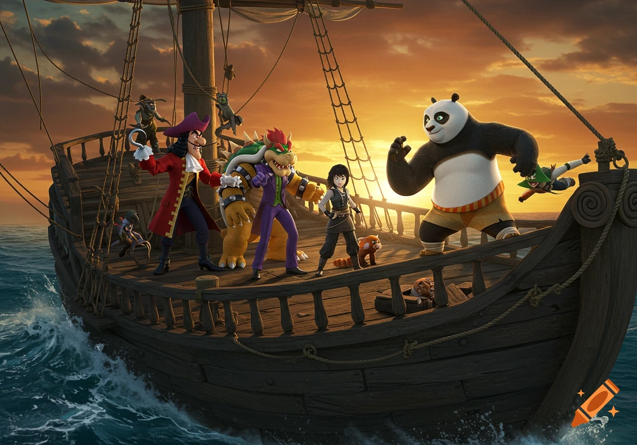 Cartoon characters including Captain Hook, Bowser, a red panda, and Po from Kung Fu Panda stand on a pirate ship at sunset.