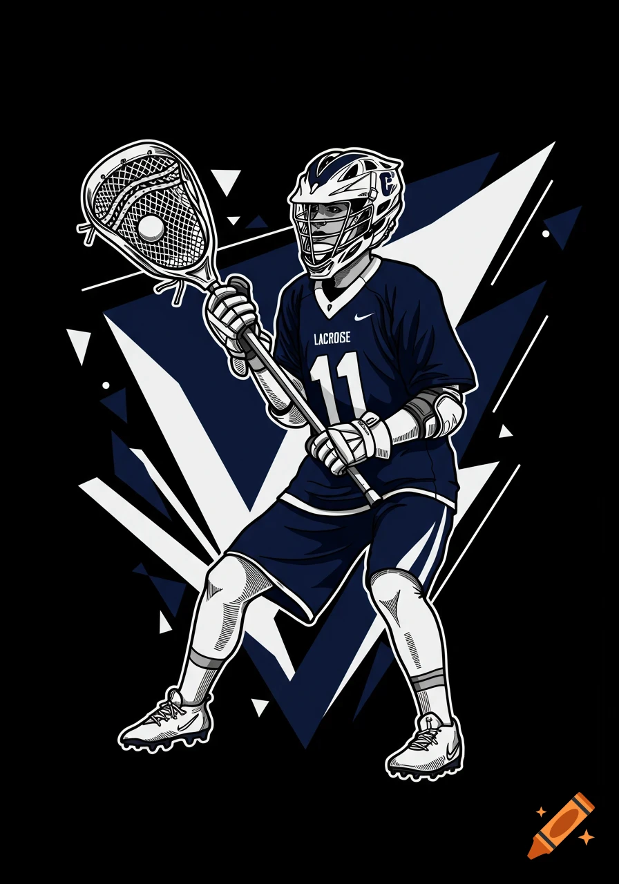 A stylized illustration of a male lacrosse player in a navy uniform holding a stick, against a black and white geometric background.