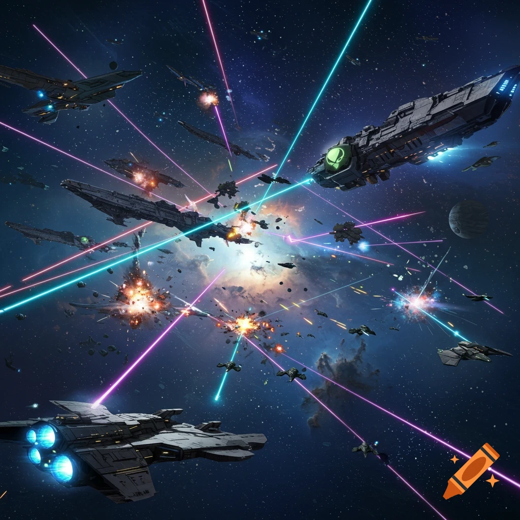 An intense interstellar space battle with numerous sci-fi battleships firing colorful lasers amidst explosions and stars.