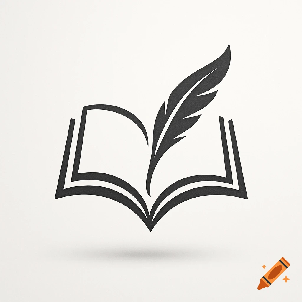 A minimalist black icon of an open book with a quill pen.