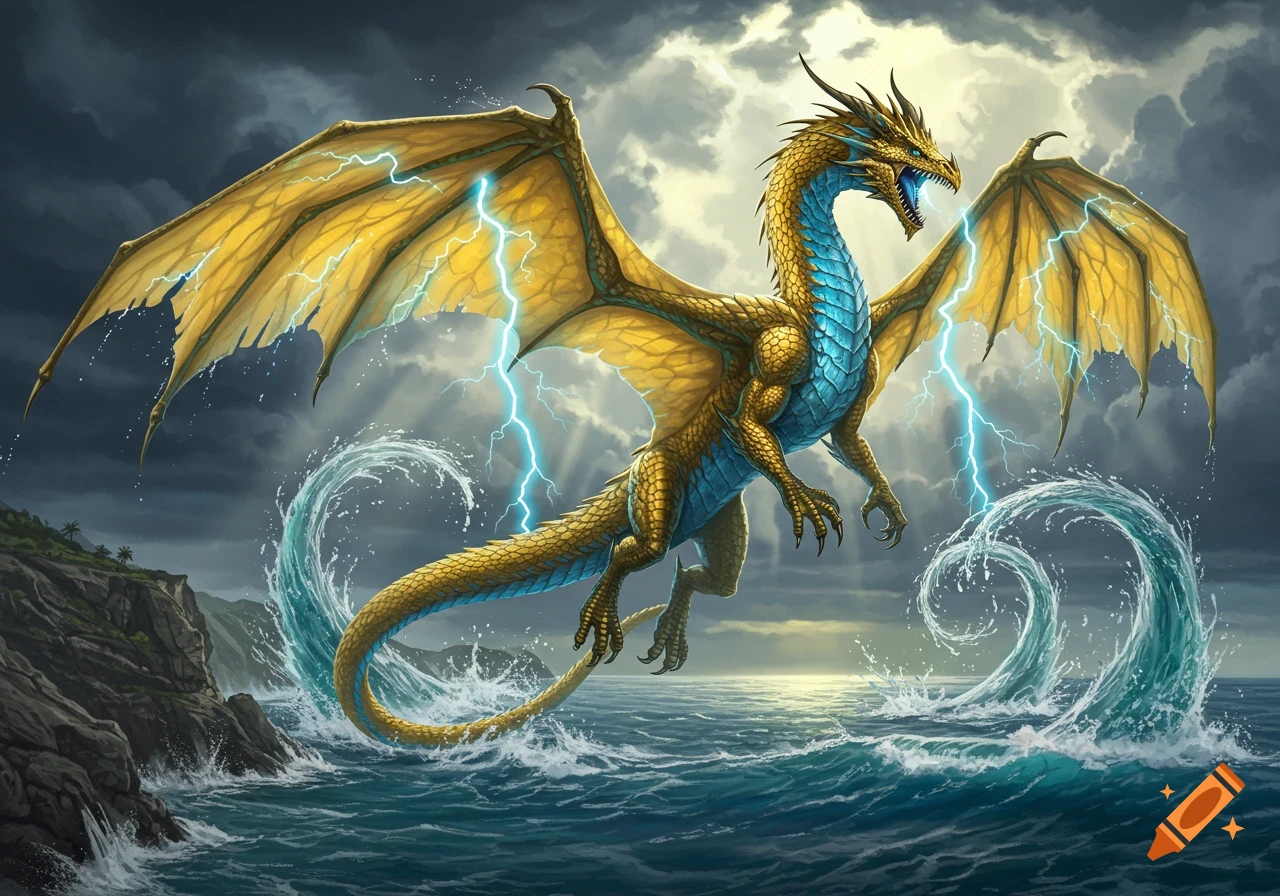 A majestic gold and blue dragon with outstretched wings flies over a stormy ocean, summoning lightning and water.