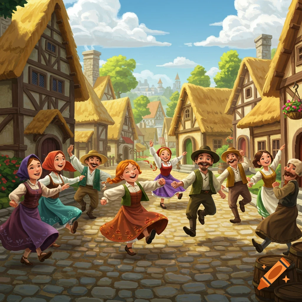 Cartoon village people in traditional attire dance a jig on a cobblestone  street with thatched-roof houses under a sunny sky. on Craiyon, image size:1024x1024
