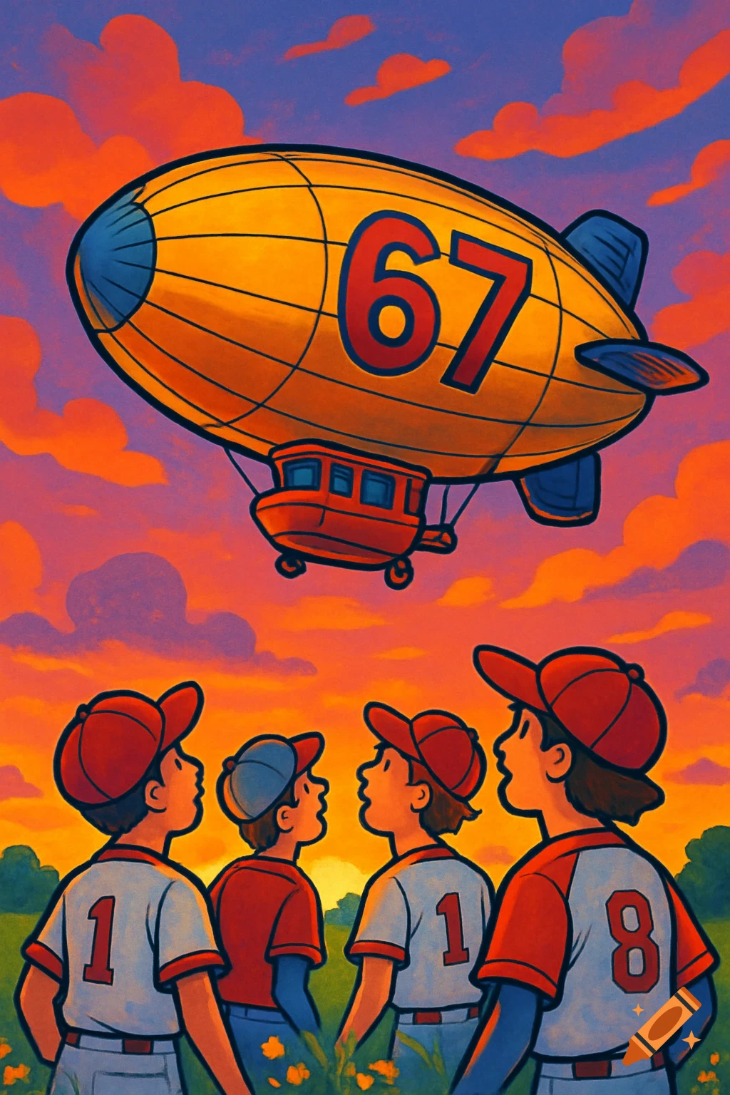 Four cartoon boys in baseball uniforms look up at a large yellow blimp with the number '67' on it against an orange and purple sunset sky.