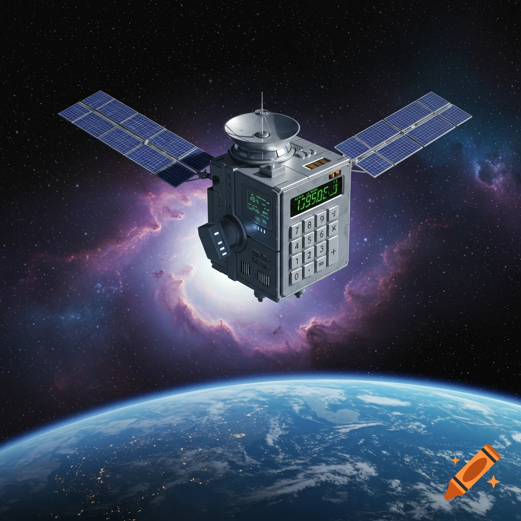 A detailed calculator-shaped satellite with solar panels orbits a vibrant nebula and Earth.