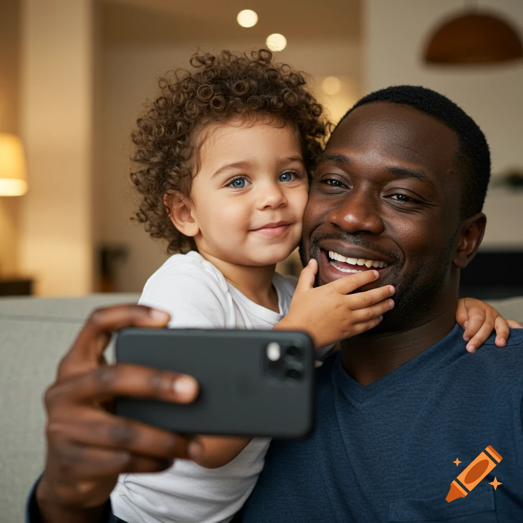 A smiling black man and a young child with curly hair and blue eyes take a close-up selfie.