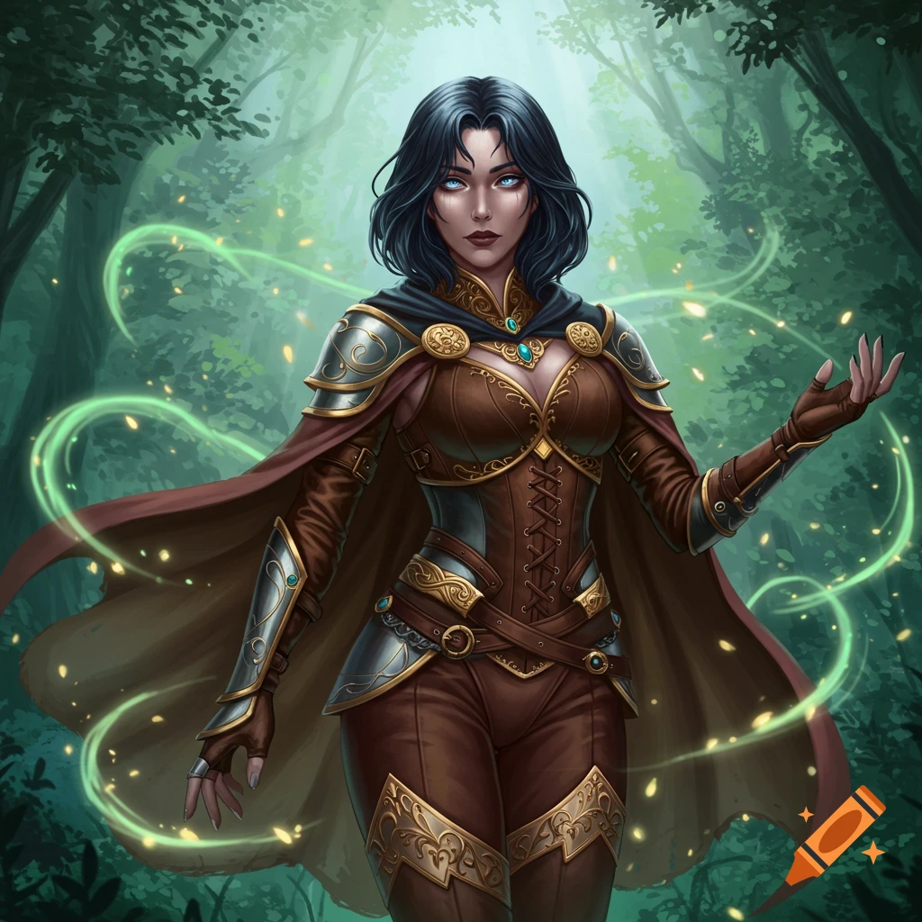 A dark-haired human female in elaborate medieval fantasy armor and a cape stands in a magical forest with glowing green light trails.