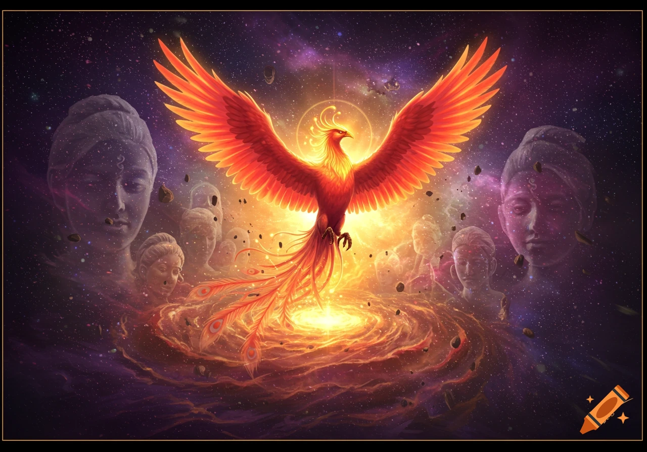 A vibrant fiery phoenix with outstretched wings emerges from a swirling vortex of light in a cosmic space filled with stars and ethereal faces.
