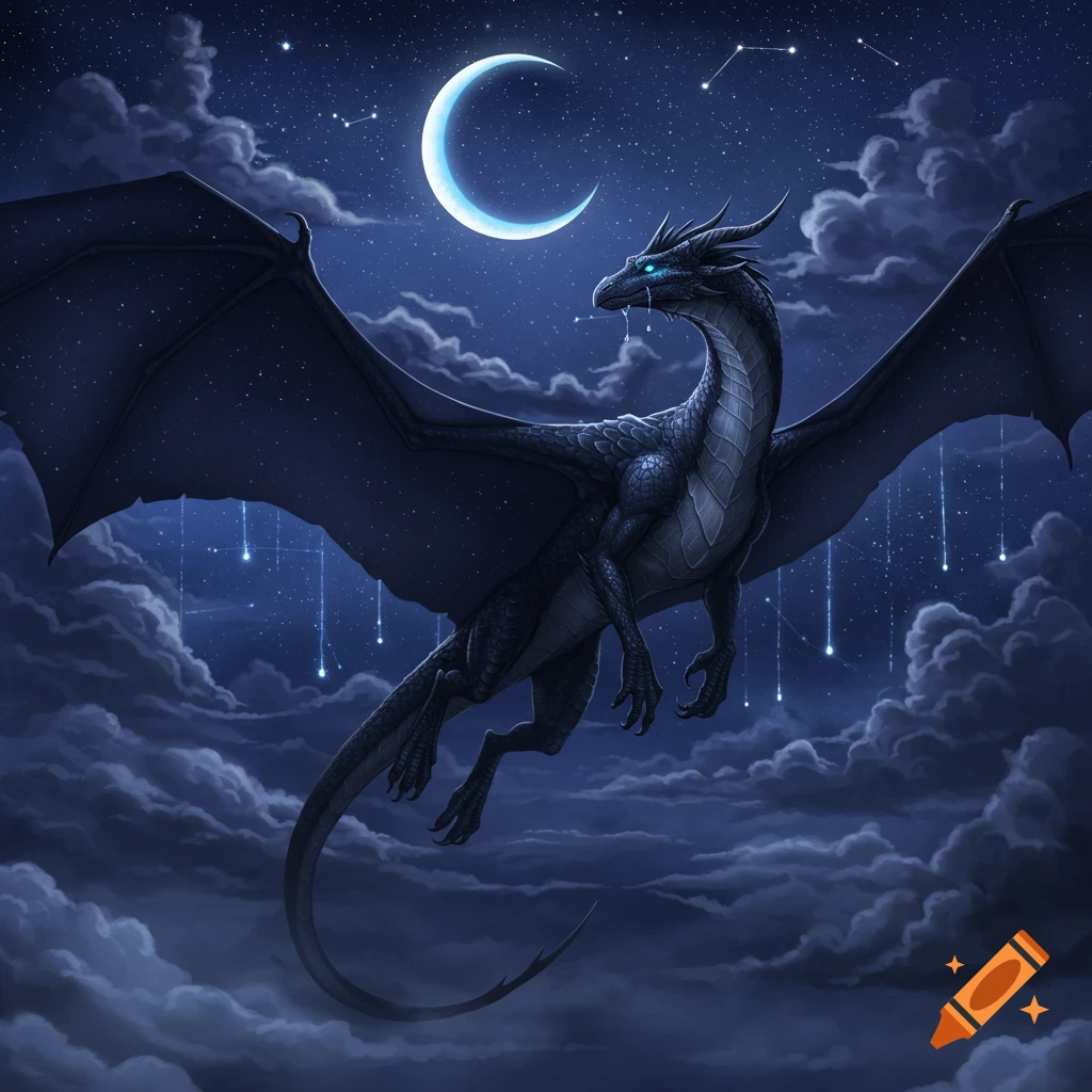 A majestic dark dragon with glowing blue eyes flies in a starry night sky with a crescent moon and clouds.