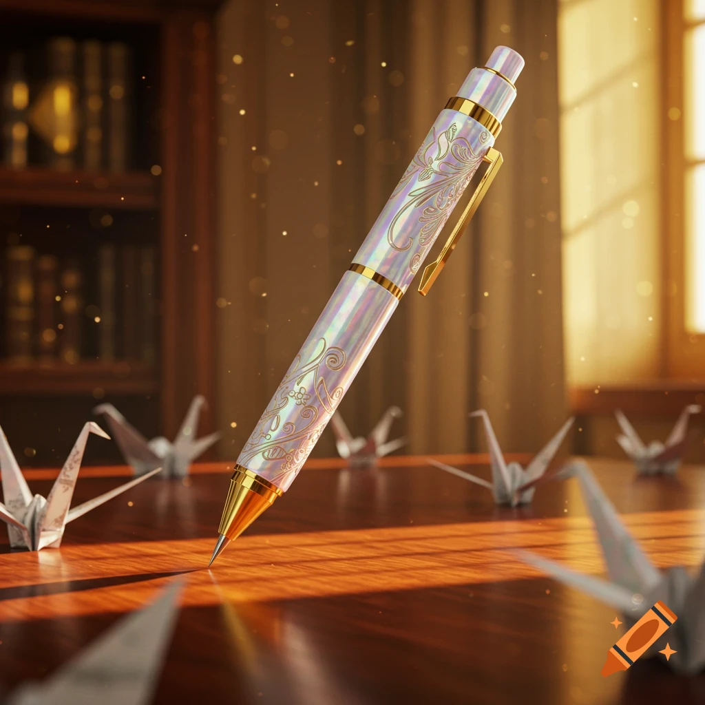 A beautifully ornate iridescent mechanical pencil with gold accents stands on a wooden desk, surrounded by white origami cranes. Photorealistic.