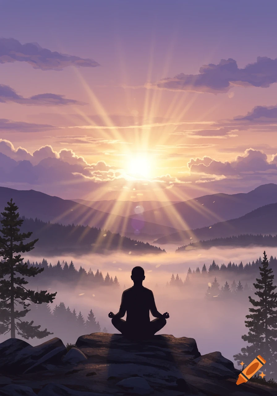 A person meditates in silhouette on a rock, facing a vibrant sunrise over a misty mountain range and forest.