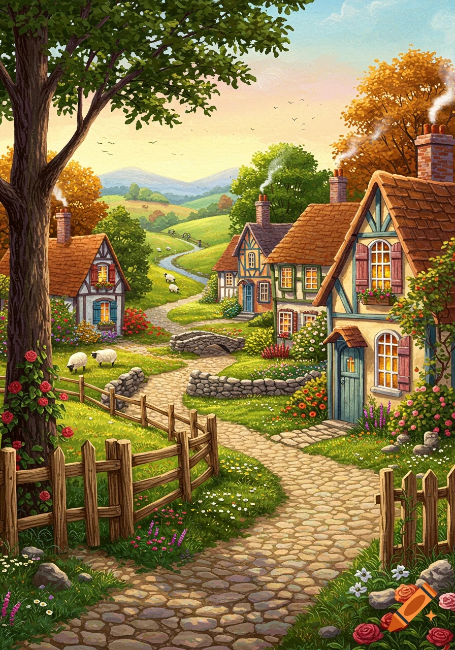 A charming, colorful illustration of a village with cobblestone paths, cottages, rolling hills, and sheep under a bright sky.