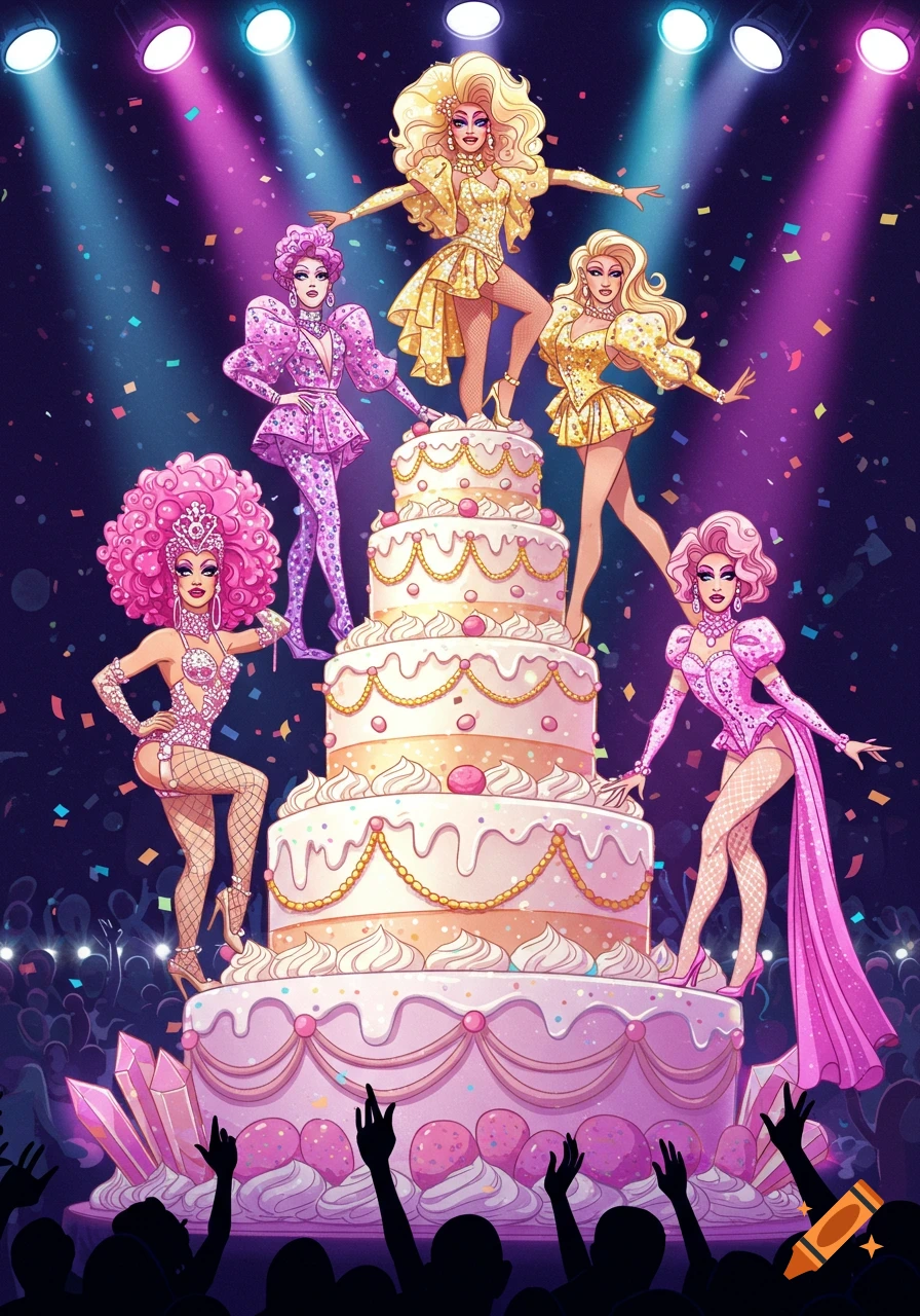 Vibrant illustration of five drag queens posing on and around a large multi-tiered cake on a stage with confetti and spotlights.