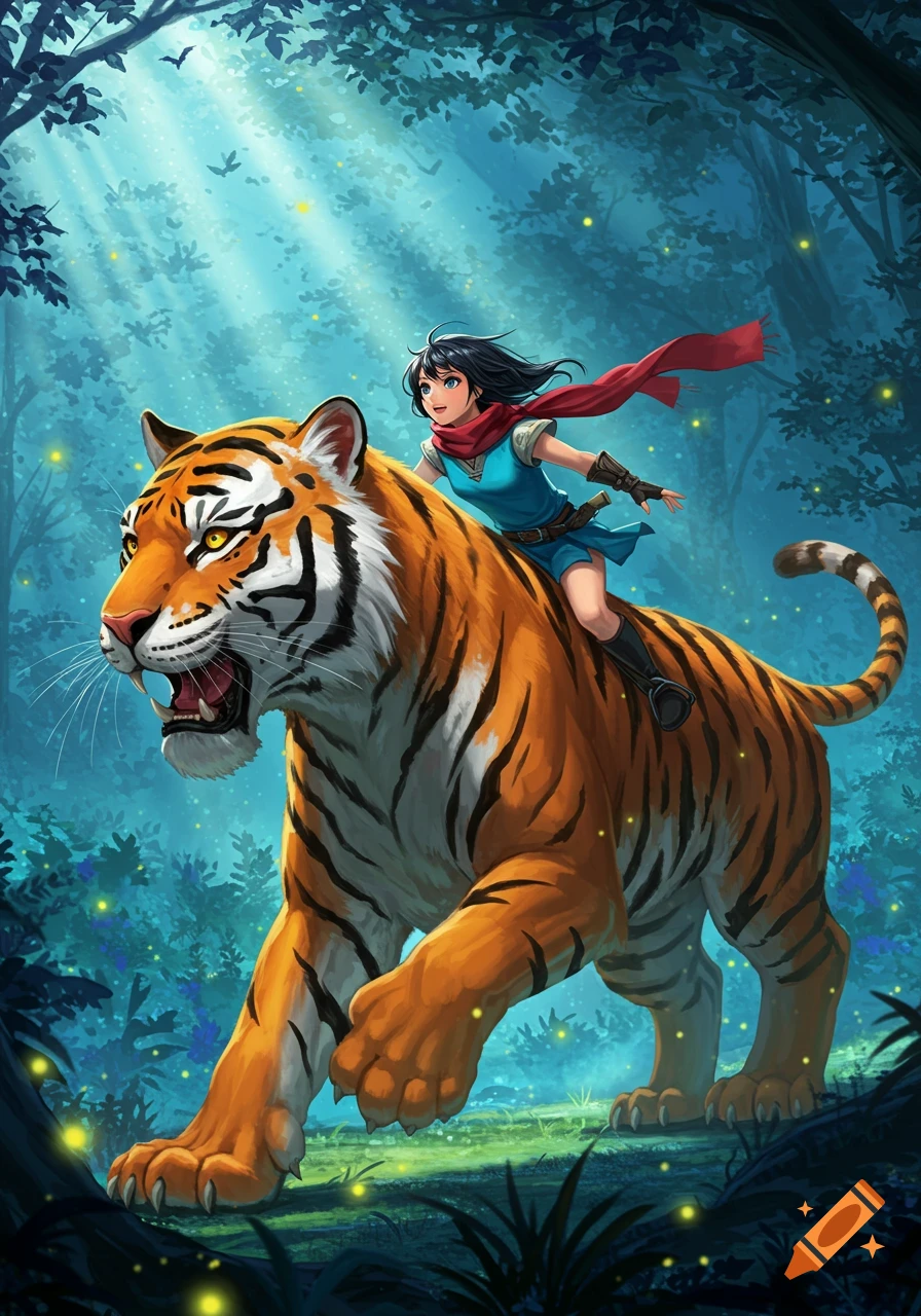 An anime girl with dark hair and a red scarf rides a giant tiger through a magical, glowing forest with sunlight beaming through the canopy.