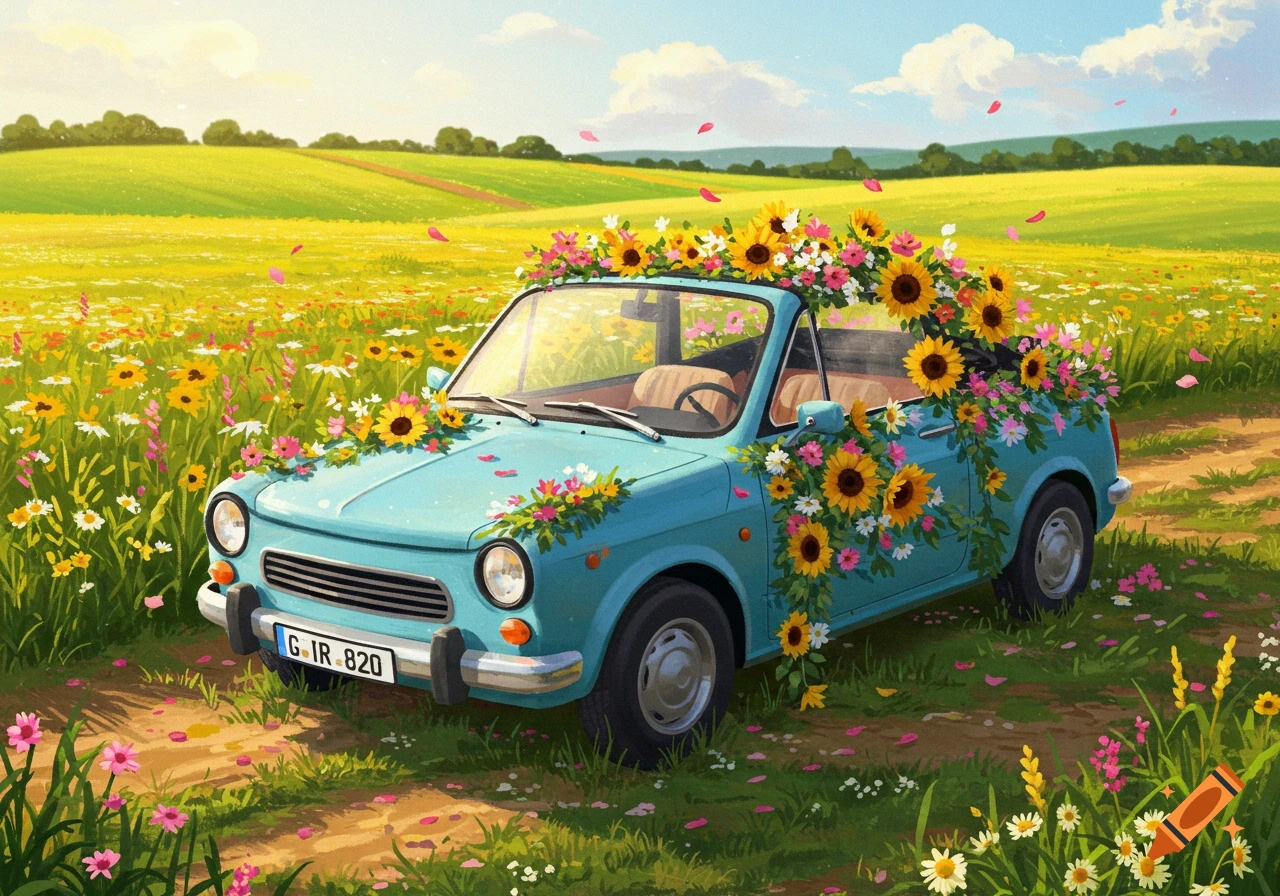 A light blue convertible car adorned with sunflowers and pink flowers, parked on a dirt path in a vibrant field under a sunny sky. Illustrated.