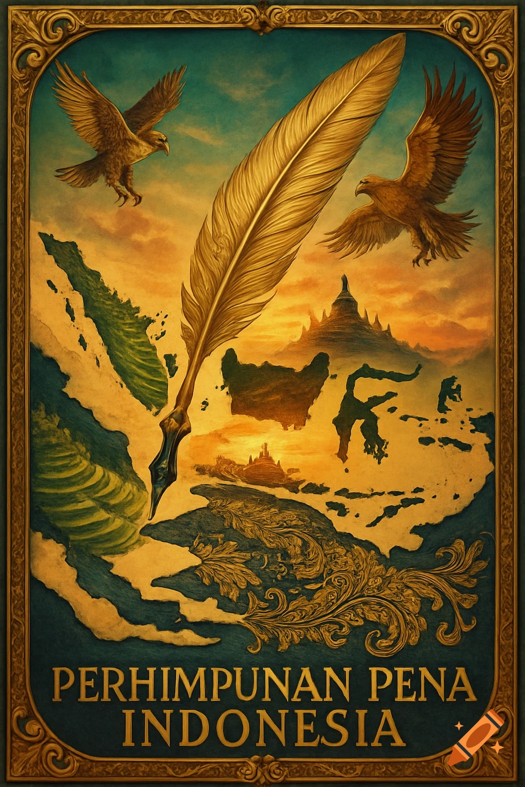 Vintage-style poster featuring a map of Indonesia, a large golden quill, two flying eagles, and text 'PERHIMPUNAN PENA INDONESIA'.