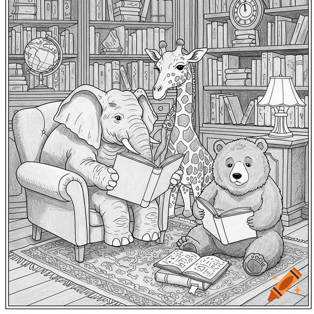 Black and white line art of an elephant, giraffe, and bear reading books together in a cozy library, for a coloring page.