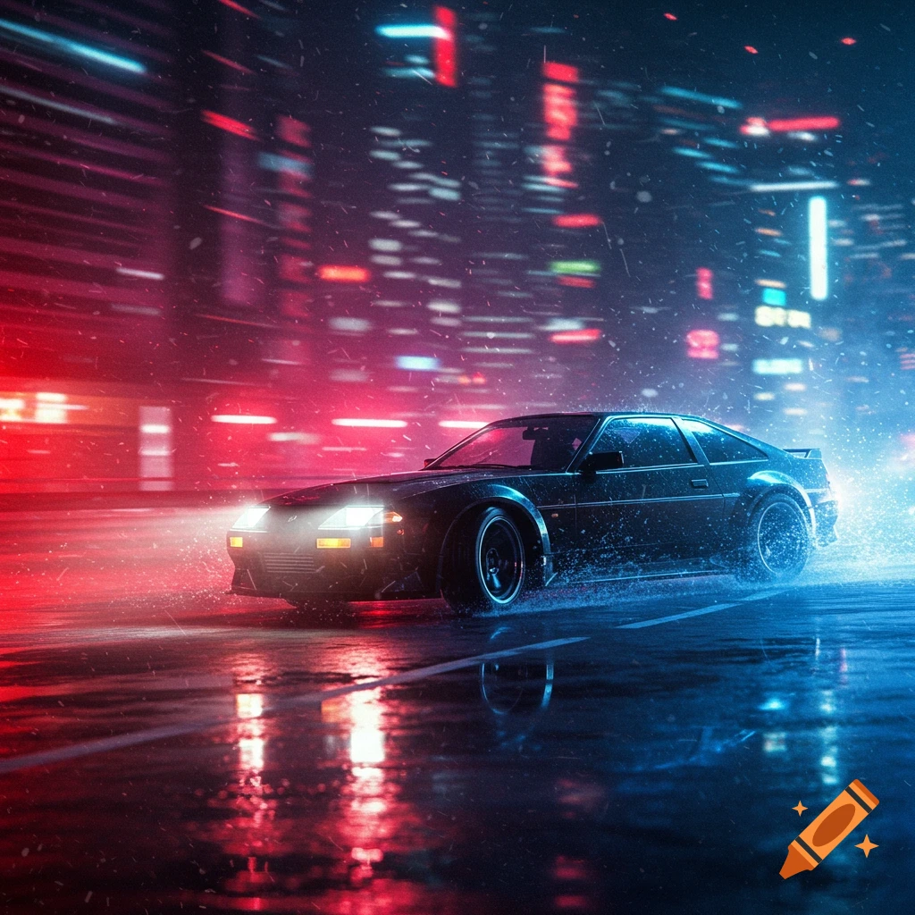 A dark sports car drives on a wet city street at night, creating splashes, with neon red and blue lights reflecting.