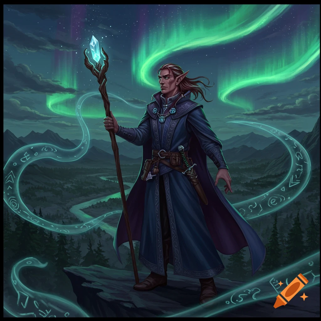 A male half-elf wizard stands on a cliff with a glowing staff, green aurora lights up the night sky.