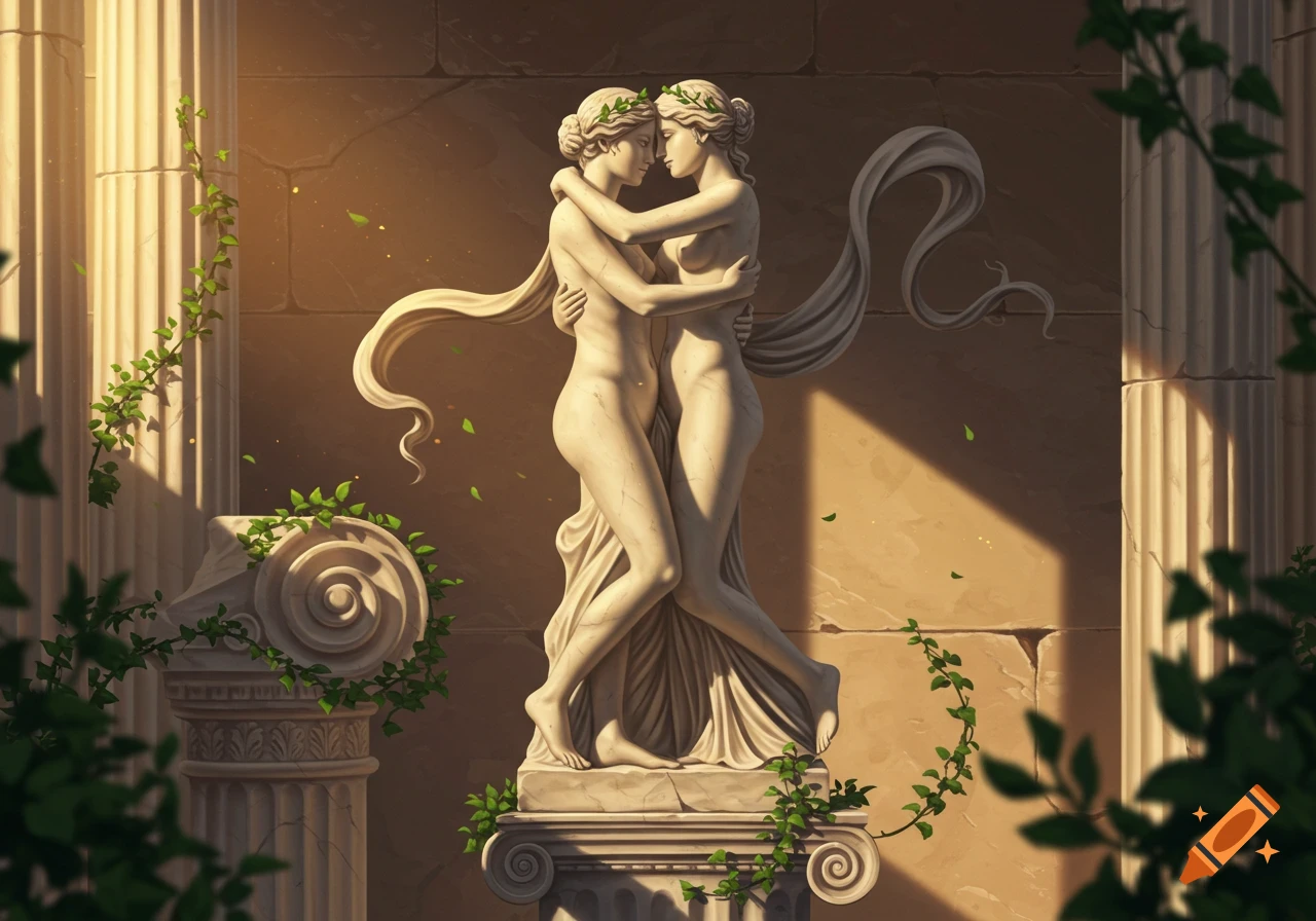 A classical marble statue of two embracing women, with ivy climbing nearby columns, bathed in warm sunlight.