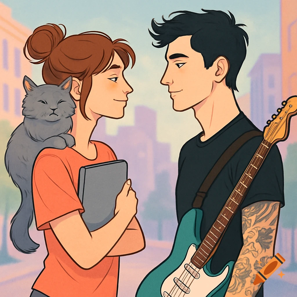 An illustration of a man and a woman facing each other in an urban setting. The woman has a cat on her shoulder and holds a laptop. The man has a guitar slung over his shoulder.