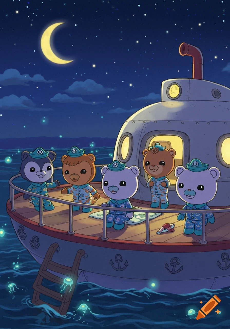 Cartoon bears in pajamas stand on the deck of a submarine-like boat at night, under a crescent moon, with glowing jellyfish.
