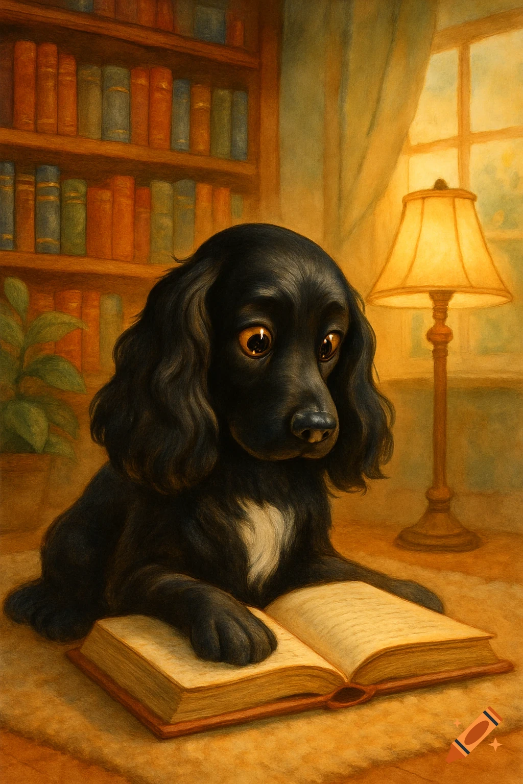 A black cocker spaniel with a white chest sits on a rug, reading an open book in a warm, illustrated library setting.