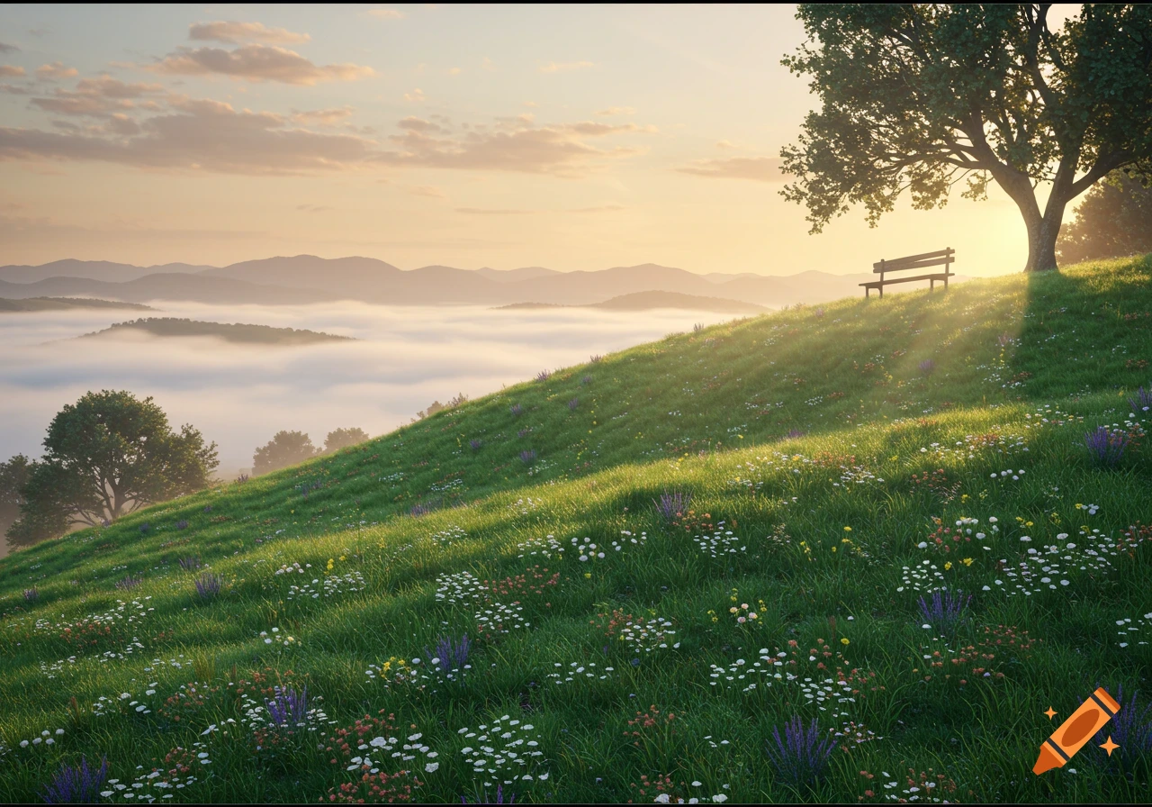 A tranquil sunrise over a misty mountain landscape, with a green, flowery hill in the foreground and a solitary bench under a tree.