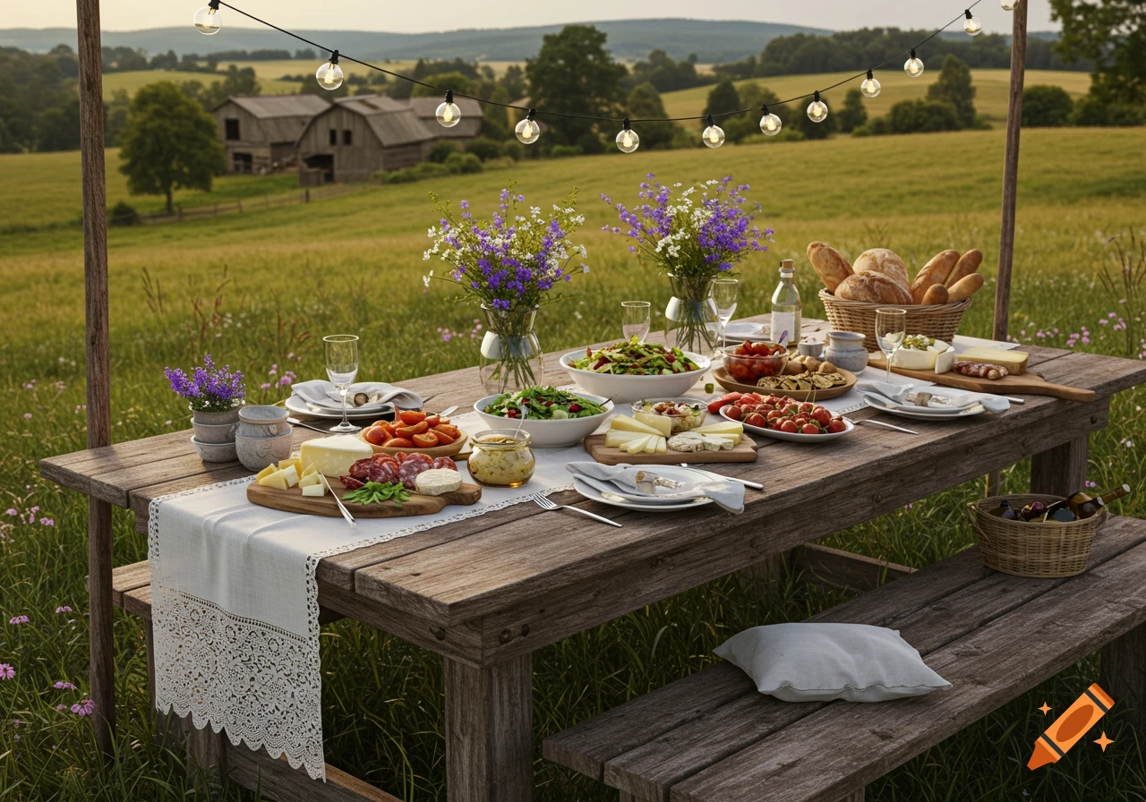 A rustic outdoor table in a sunny grassy field, set with charcuterie boards, salads, bread, and string lights, with barns in the background.