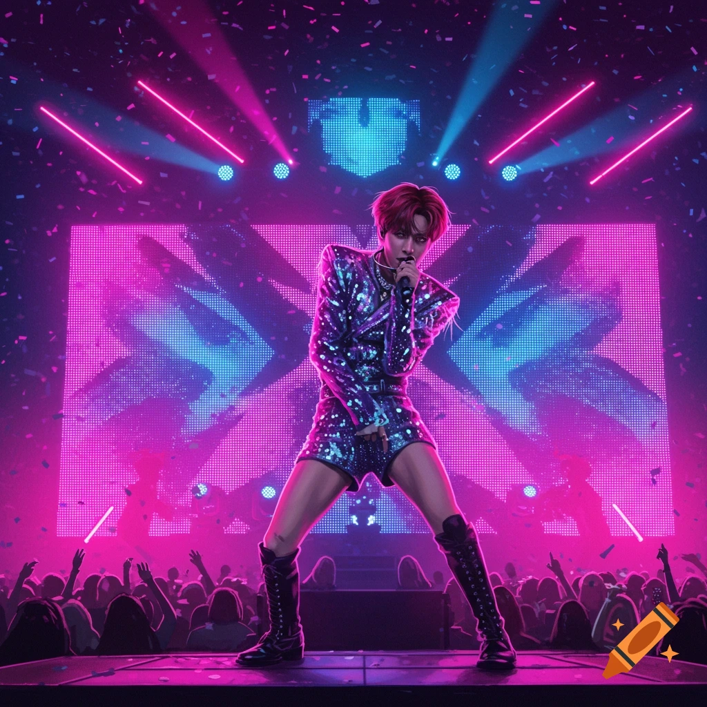 A K-pop performer in a shimmering outfit on a neon-lit stage, singing into a microphone with a cheering crowd.