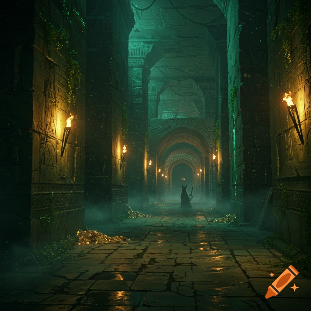 A long, misty stone hallway in an ancient temple with lit torches, a robed figure in the distance, and gold on the floor.