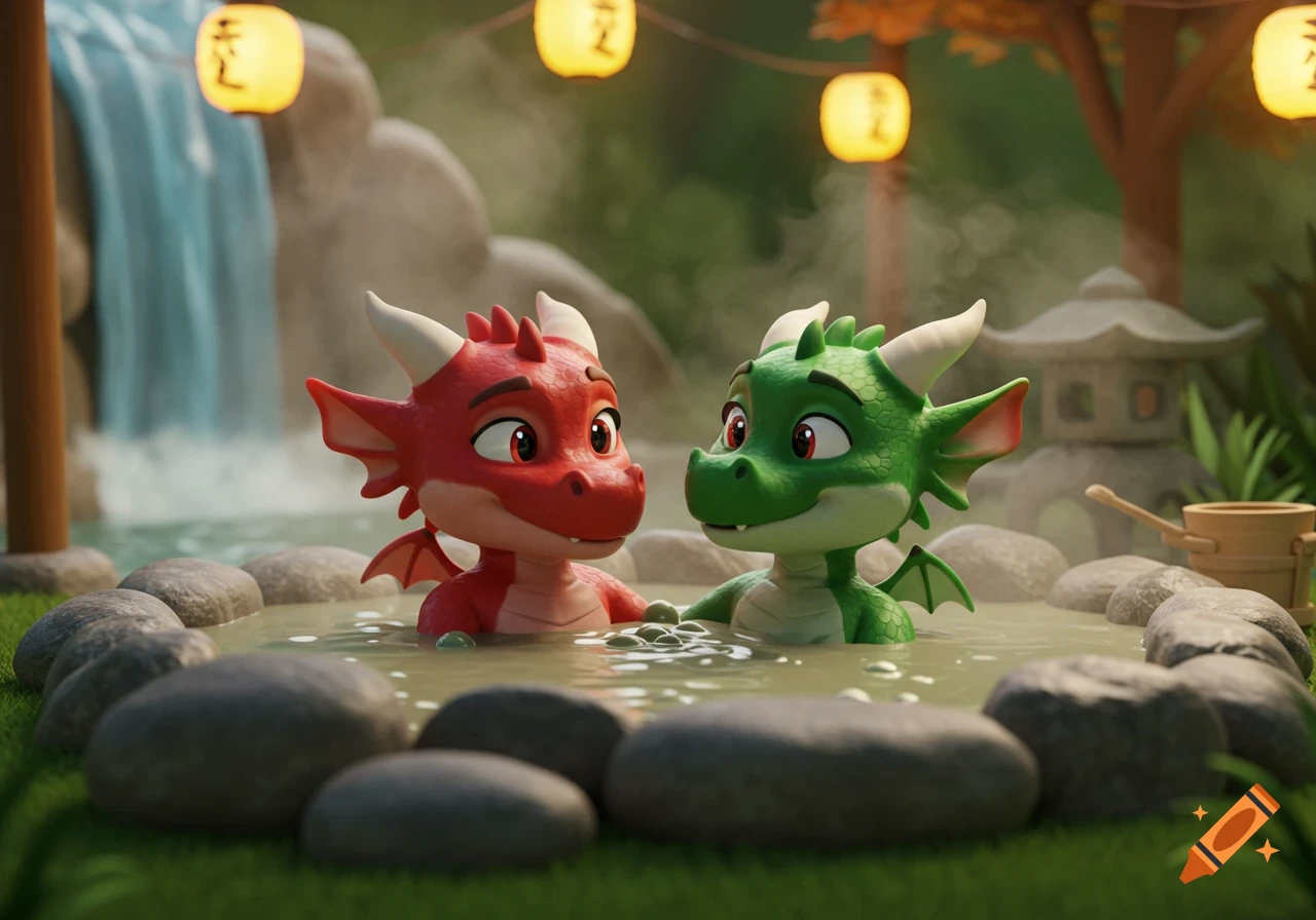 Two happy 3D animated cartoon dragons, one red and one green, relax in a steaming mud hot tub with lanterns overhead.