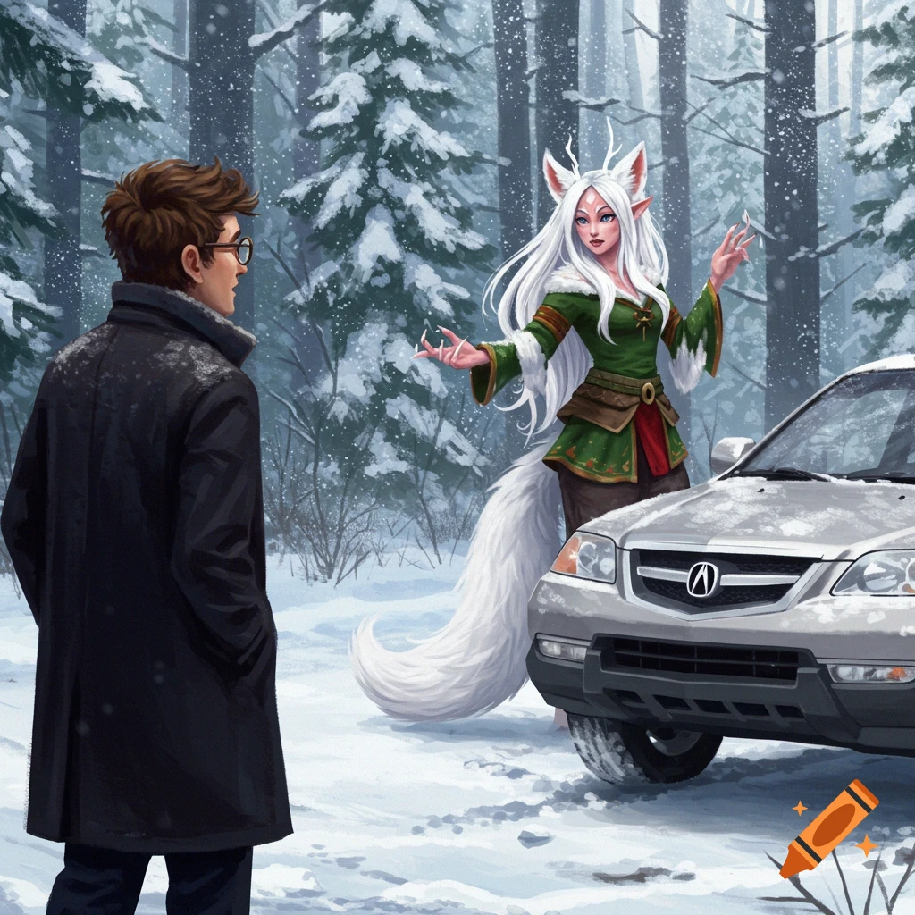 An illustration of a man in a coat looking at a white-haired female humanoid fox with horns and claws in a snowy forest next to a silver Acura.