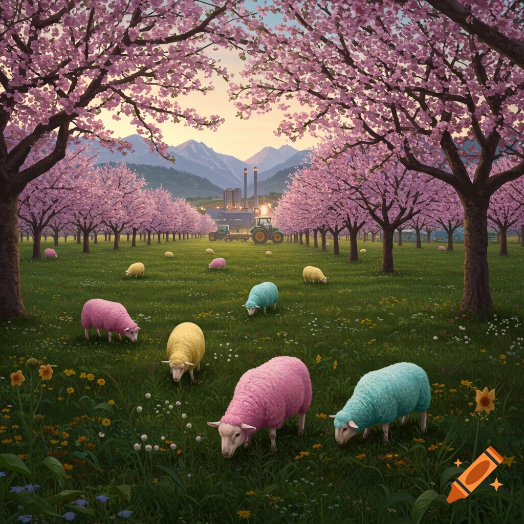 Colorful sheep graze in a vibrant cherry blossom orchard, with a factory and mountains in the background.