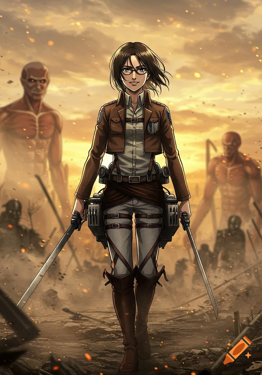 Anime character Hange Zoë in military gear with swords, walking towards the viewer as titans loom in a fiery, apocalyptic background.
