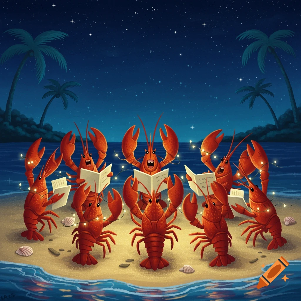 Cartoon lobsters carol singing on a sandy beach at night, illuminated by string lights, with palm trees and a starry sky.