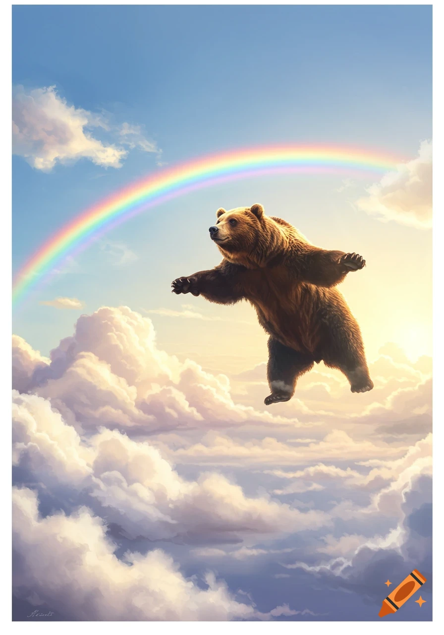 A photorealistic brown bear flies through a sunny, cloudy sky with a vibrant rainbow arching behind it.