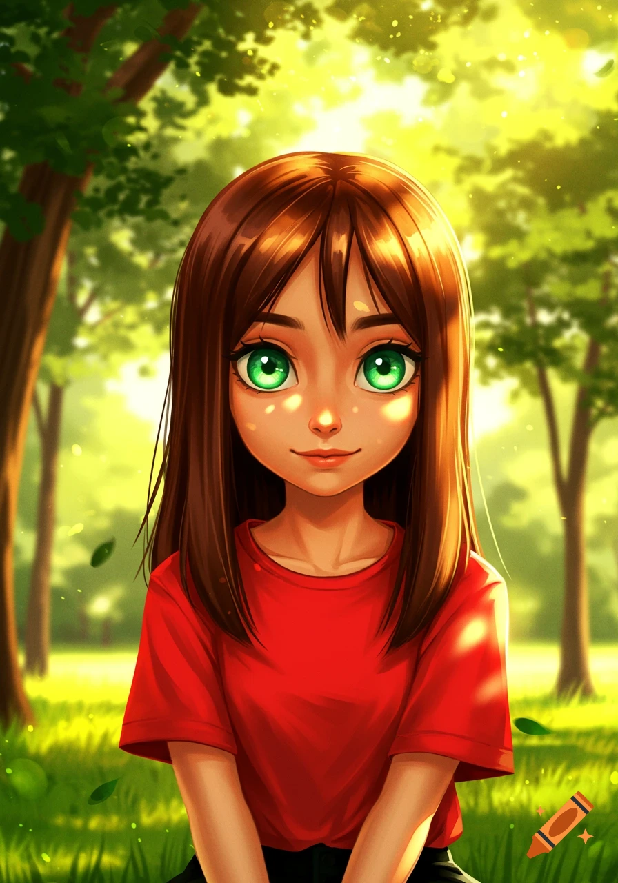 Anime-style portrait of a young girl with brown hair and large green eyes, wearing a red t-shirt, smiling brightly in a sunny park with trees.