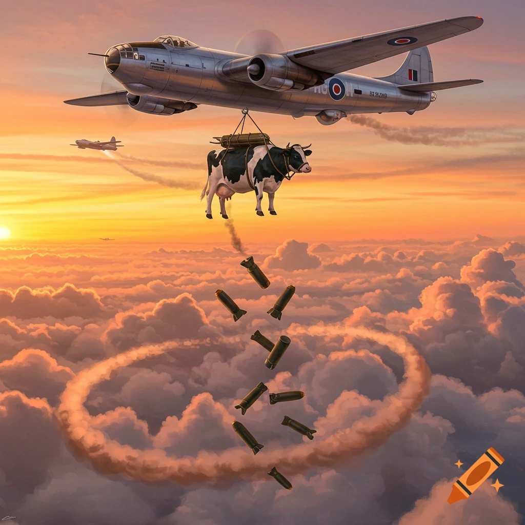 A surreal illustration of a silver bomber plane carrying a cow that drops bombs into clouds at sunset.