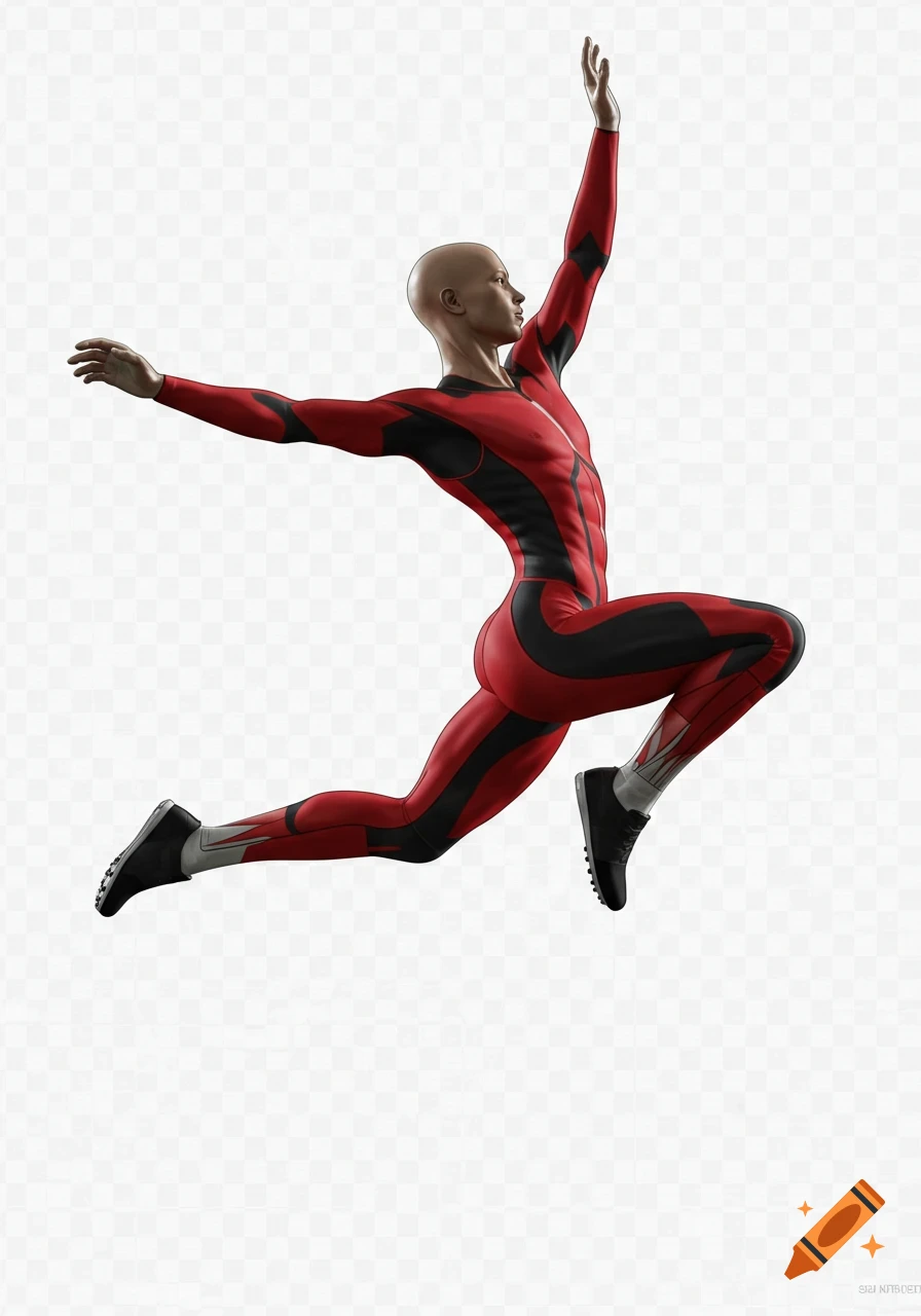 A bald person in a red and black suit leaps through the air with arms outstretched, rendered on a transparent background.