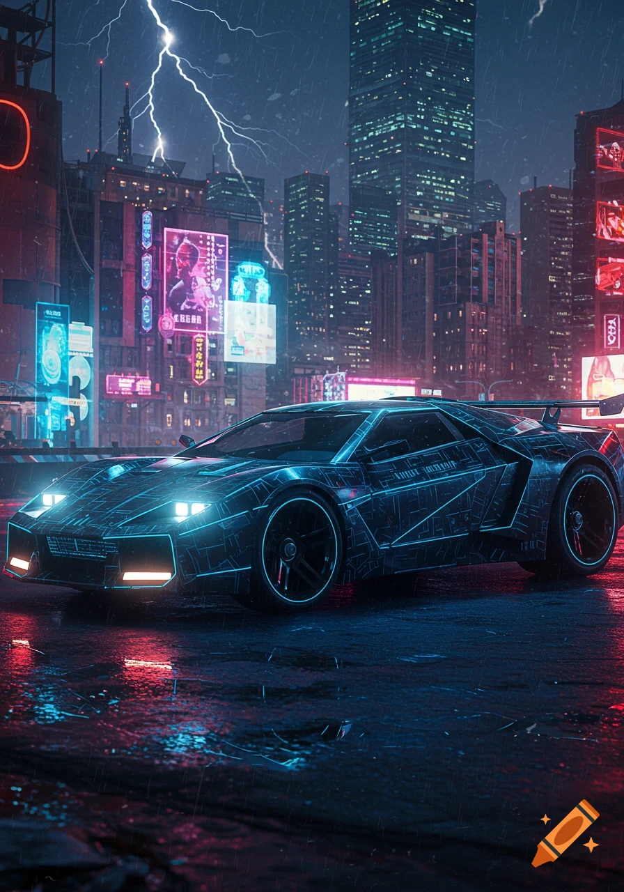 A futuristic car with neon blue lights on a wet street in a rainy cyberpunk city with lightning in the sky.