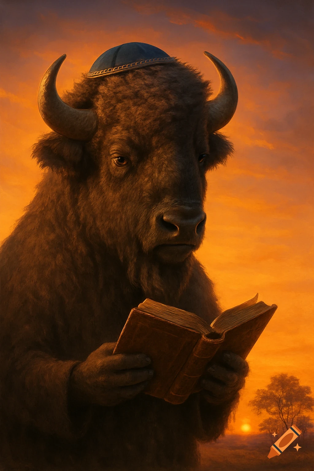 A brown buffalo wearing a blue yarmulke holds an open book, standing against a vibrant orange sunset.