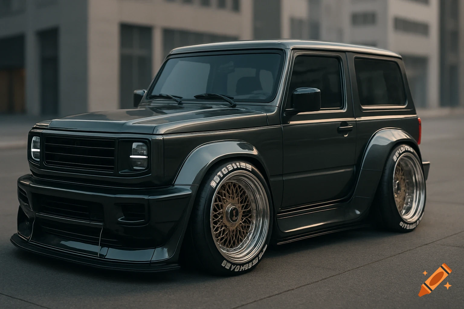 A dark grey, heavily modified two-door SUV with wide fenders, gold BBS wheels, and stretched tires, parked on asphalt in a city.