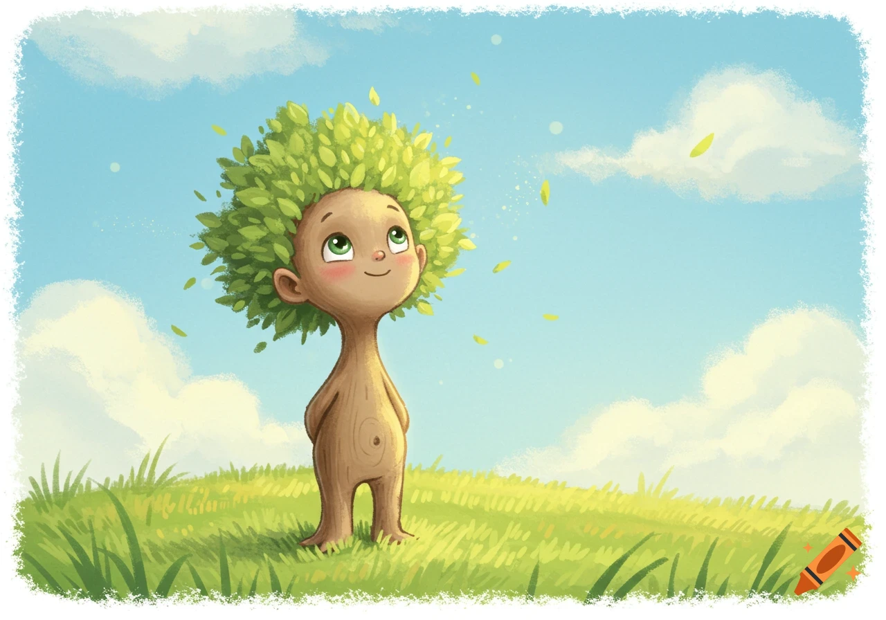 A cute, smiling baby tree creature with green leaves for hair stands on a grassy hill, looking up at the blue sky with fluffy clouds in a children's book illustration style.