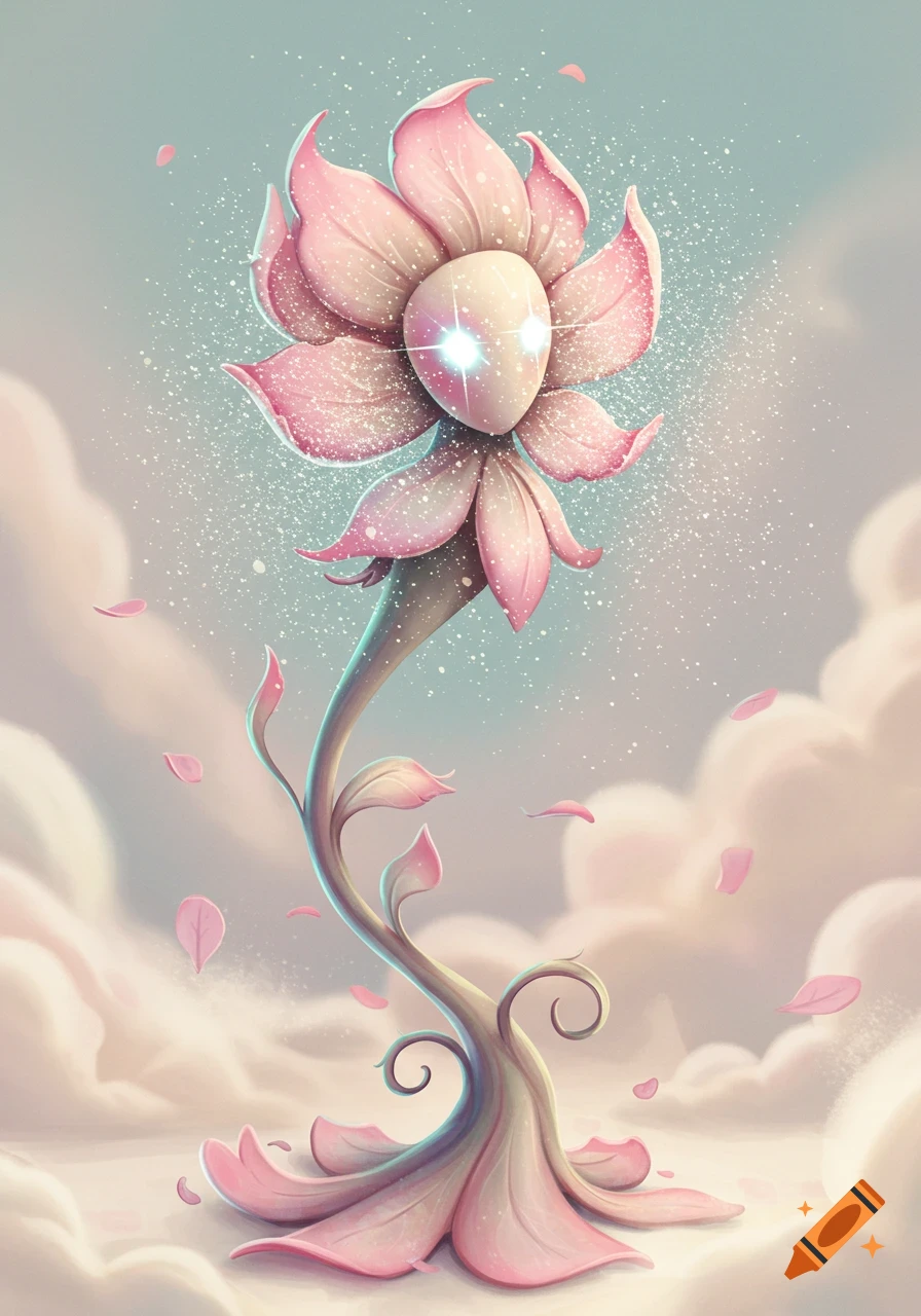A whimsical, tall pink floral creature with a smooth head, glowing white eyes, and sparkling dust, standing on a cloud-like ground with pink petals.